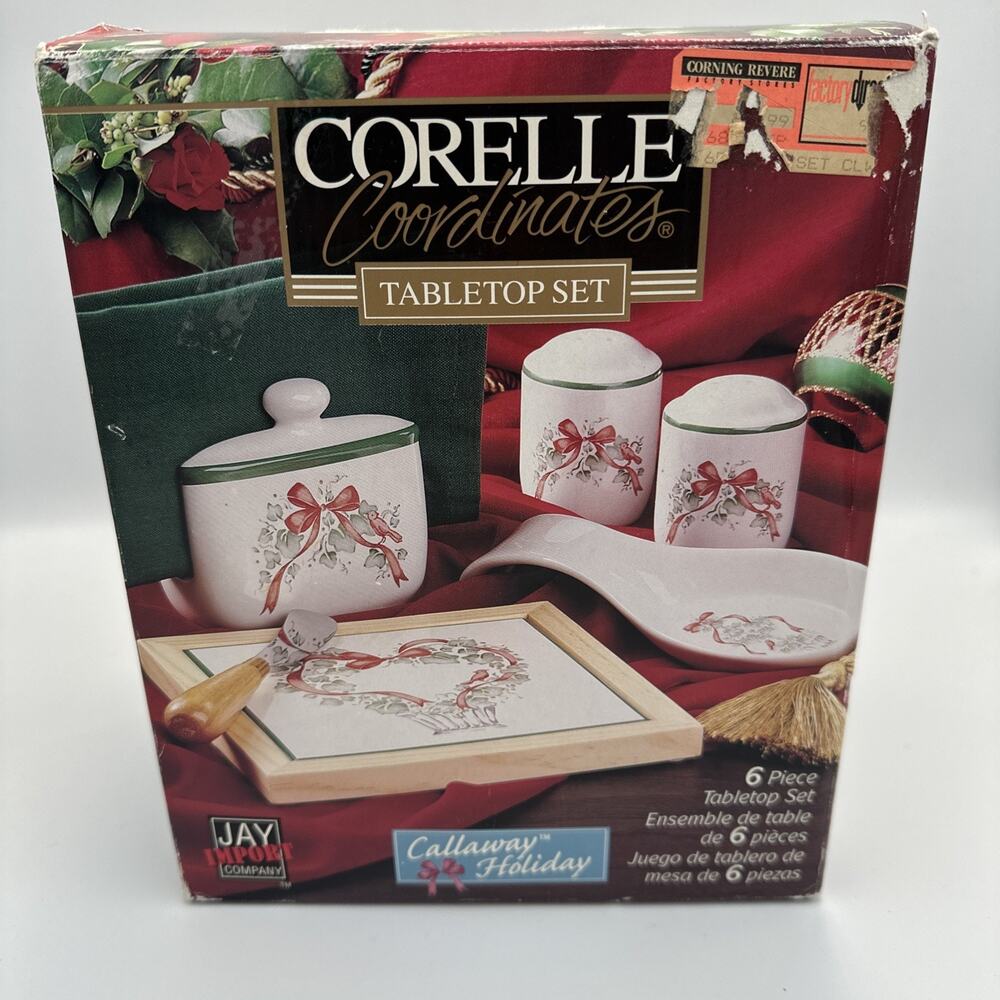 VTG Corelle Holiday Tabletop Set Christmas Spoon Rest‎ Napkin Holder Salt Pepper